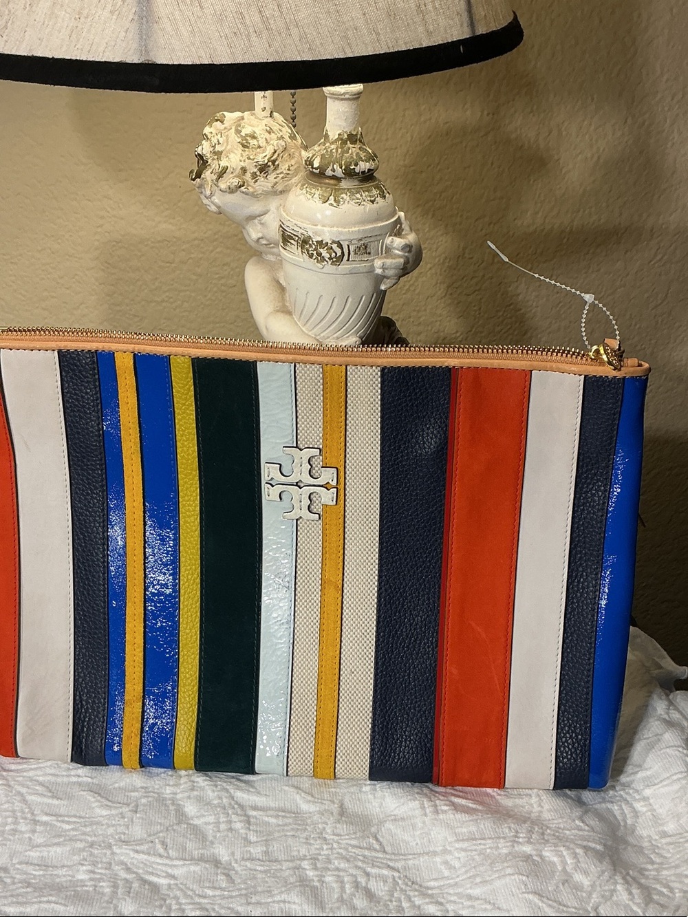 Tory Burch Patent Multicolor Vertical Stripe Pouch
